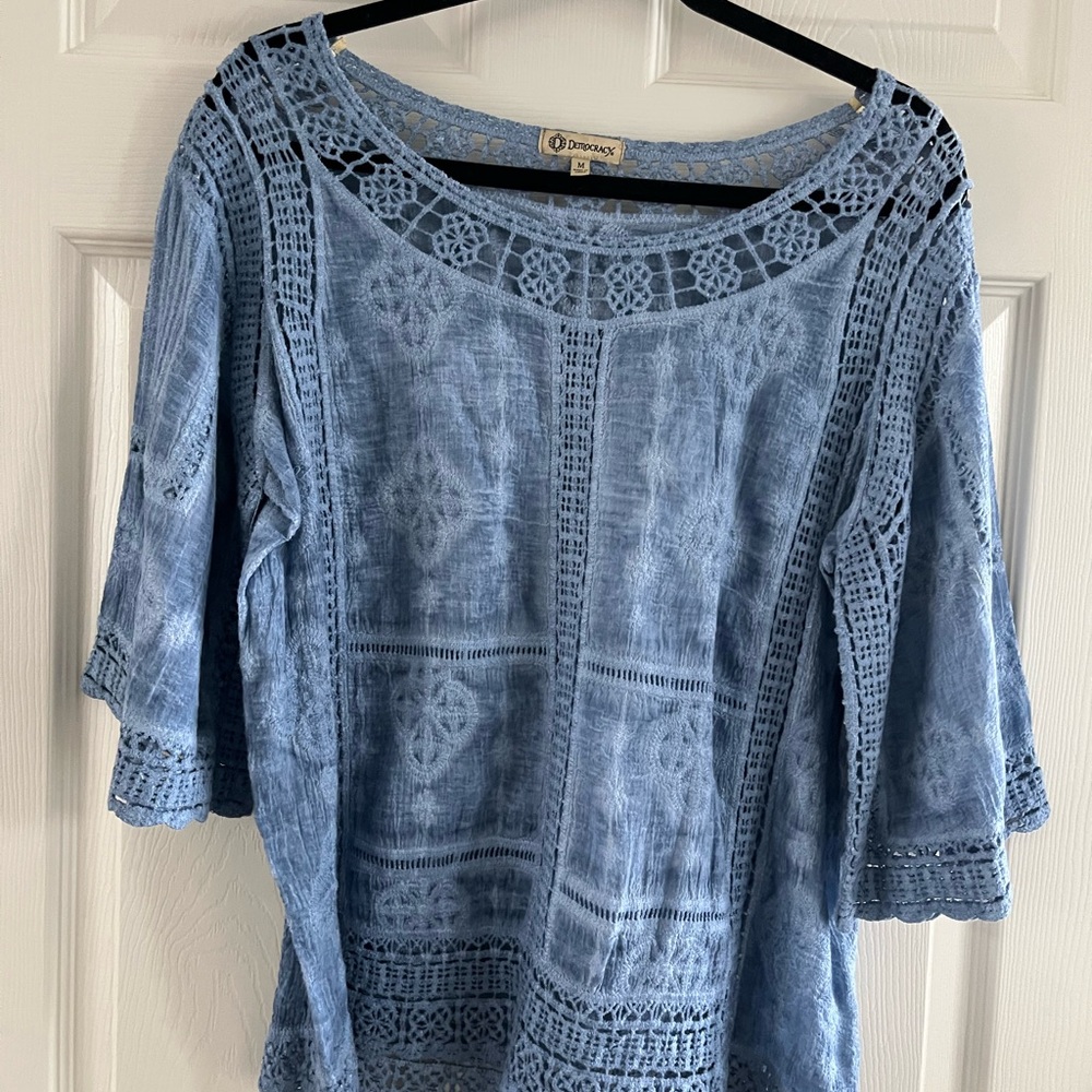 Democracy Light Blue Crochet Trim Peasant Blouse
